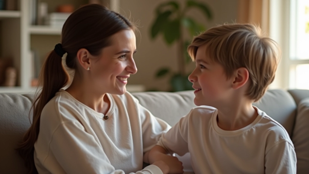 Parent et enfant assis face à face, conversation sincère et attentive, moment de connexion émotionnelle, ambiance calme et bienveillante