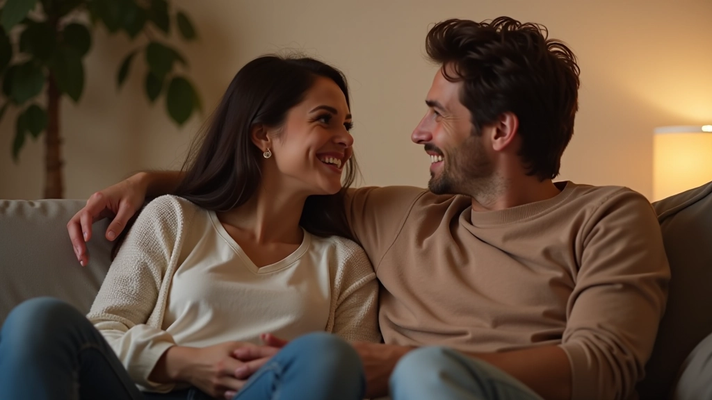 Couple assis ensemble, l'un souriant à l'autre avec tendresse dans un cadre cosy à la maison
