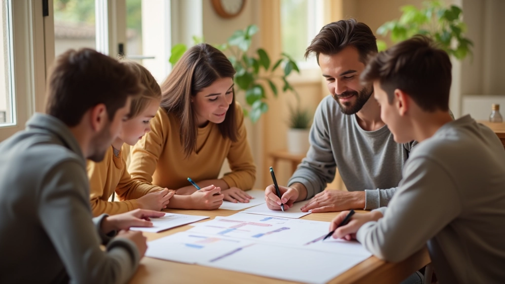 Deux parents et deux enfants assis ensemble à une table, planifiant avec un calendrier, sourires authentiques, éclairage naturel
