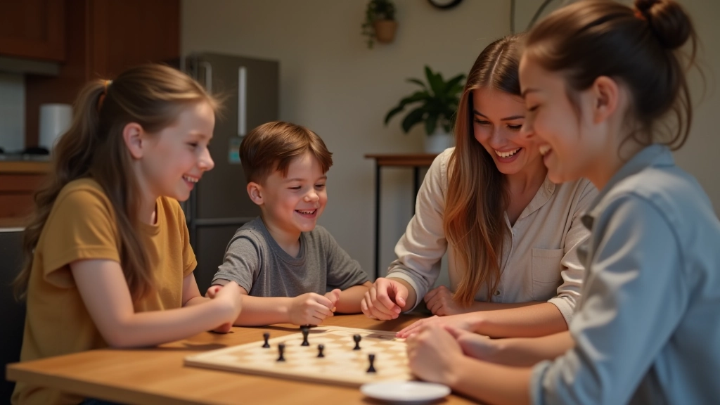 Famille jouant à un jeu de société ensemble autour d'une table, sourires authentiques, moment partagé et joyeux, sans écrans visibles