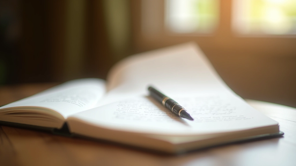 Journal ouvert avec notes manuscrites, stylo posé dessus, reflet de lumière chaude sur le papier