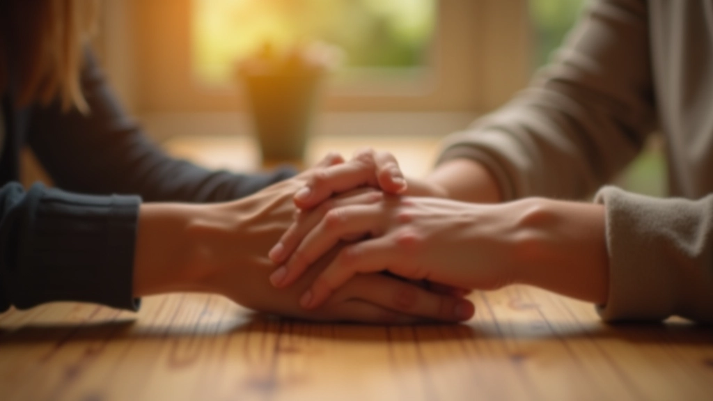 Deux mains qui se touchent légèrement sur une table, moment de connexion et de présence entre deux personnes