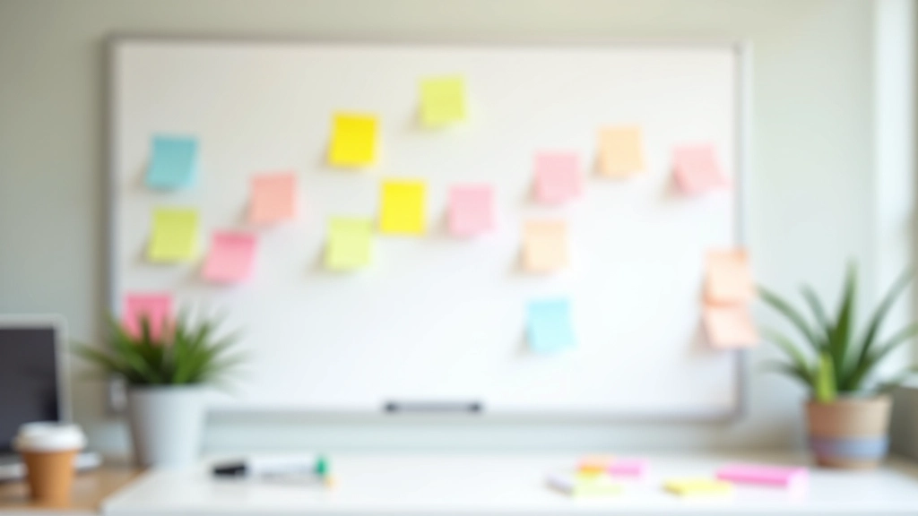 Tableau blanc avec des notes colorées, stylos, représentant la planification et l'organisation intentionnelle